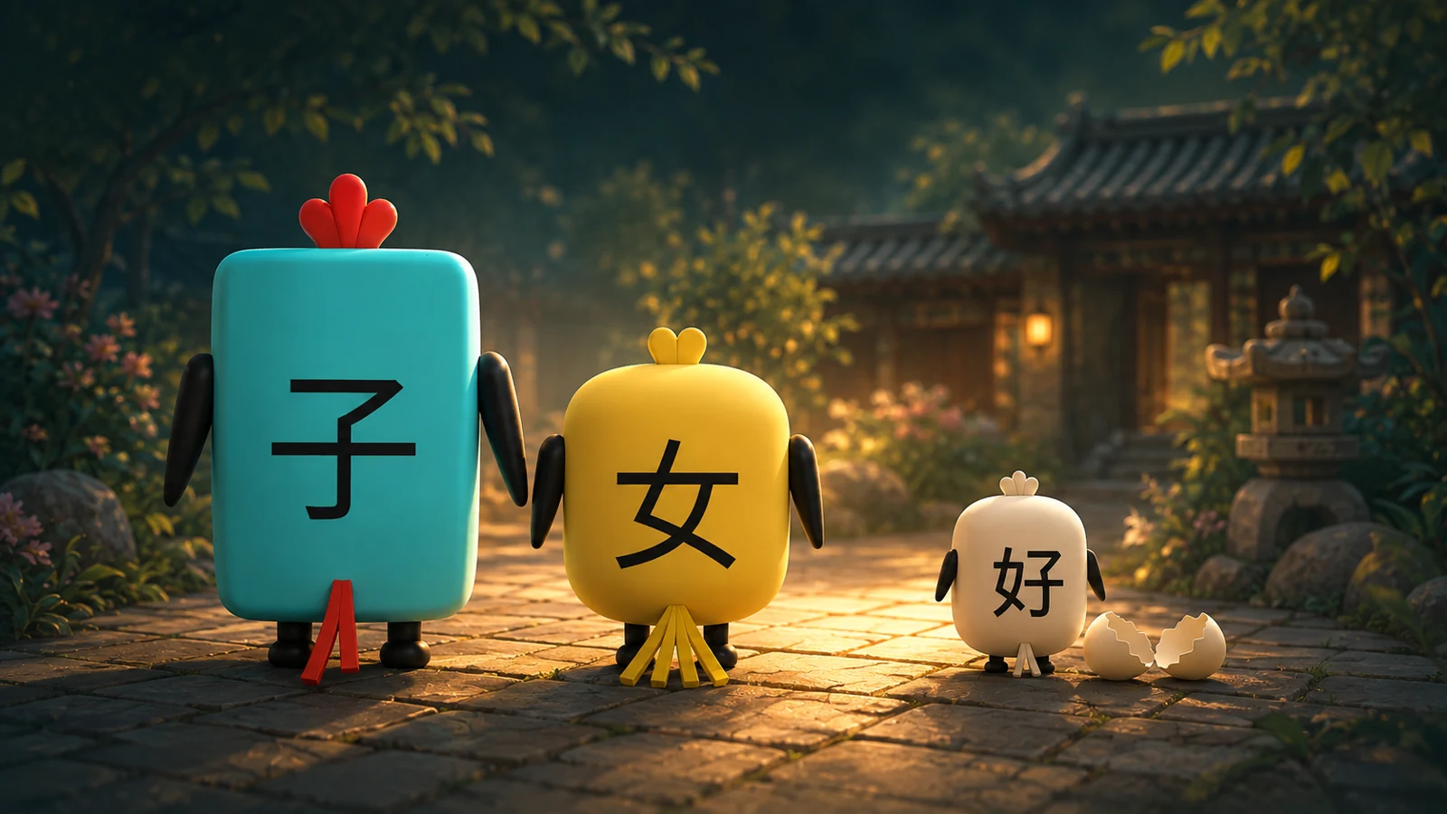 Three Hanzi Birds carrying 子, 女 and 好 together in a courtyard