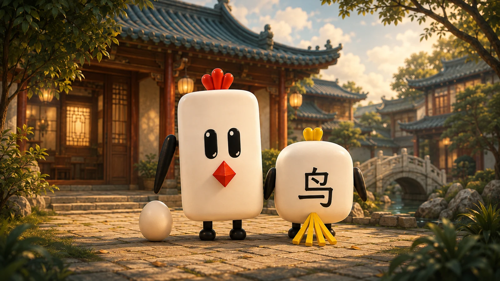 Two Hanzi Birds and a little egg in a sunlit Chinese courtyard