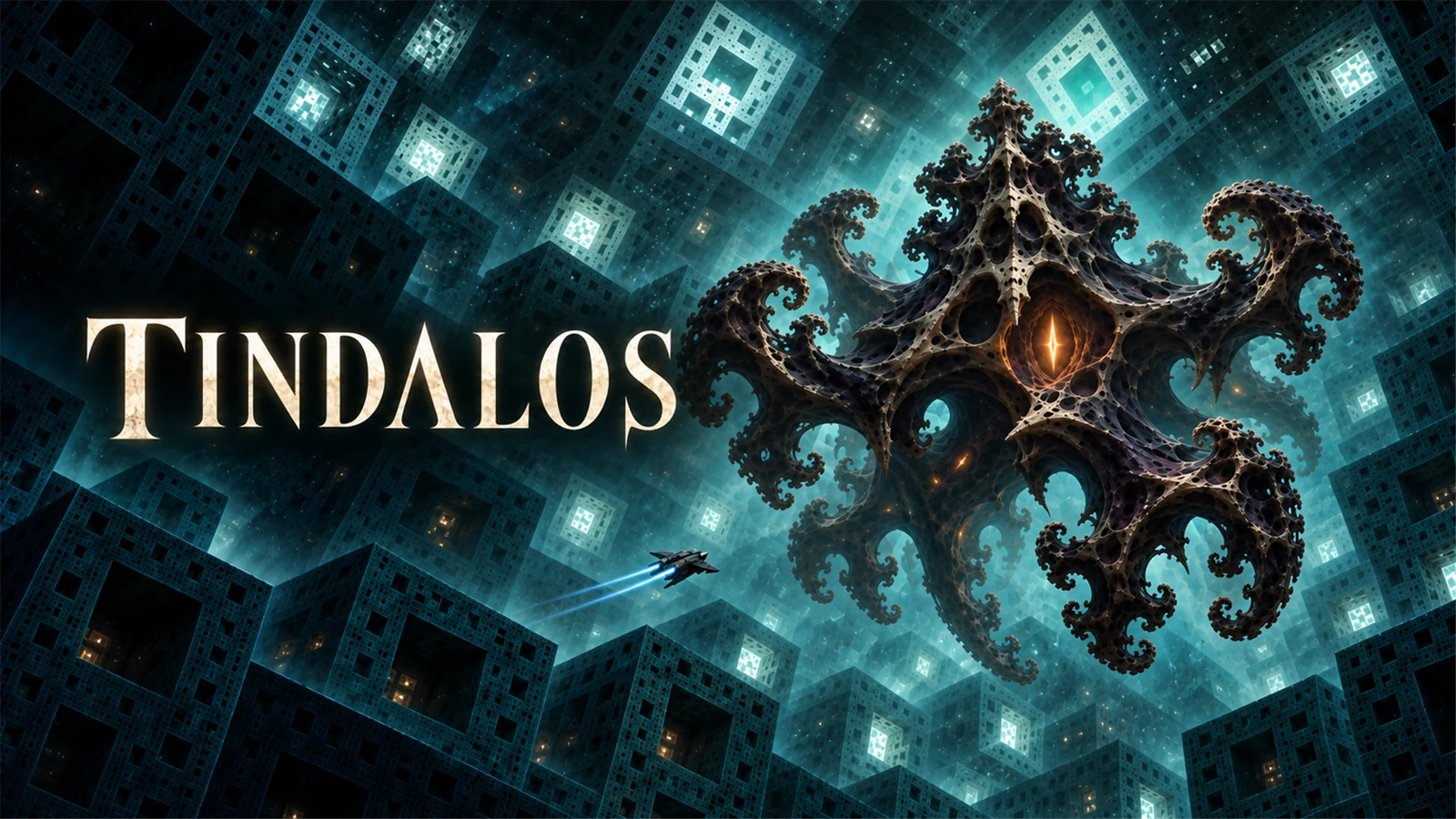 Tindalos key art showing a colossal hunter inside a fractal labyrinth